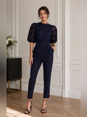 Express Lace Puff-Sleeve Navy Jumpsuit